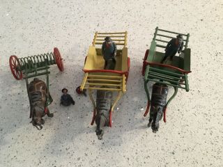 Antique Cast Iron Toy Horse Drawn Cultivator And Two Horse Drawn Carts With Men