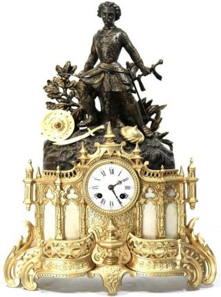 Antique Mantle Clock French 8 Day Stunning 2 Tone 2 Piece Figural Gilt C1855