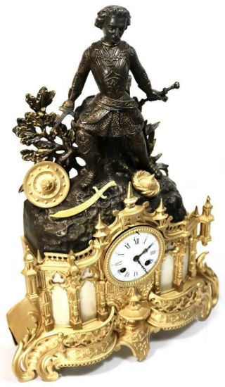 Antique Mantle Clock French 8 Day Stunning 2 Tone 2 Piece Figural Gilt C1855 4