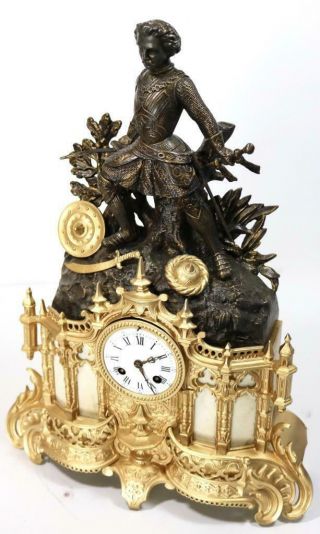 Antique Mantle Clock French 8 Day Stunning 2 Tone 2 Piece Figural Gilt C1855 5