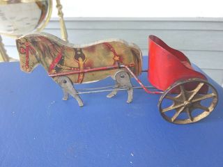 Circa 1900 Wood Horse Pulling A Chariot Toy