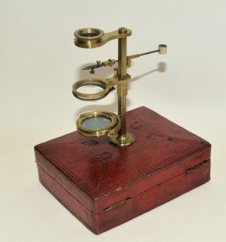 W.  & S.  Jones simple brass botanical microscope in case. 2