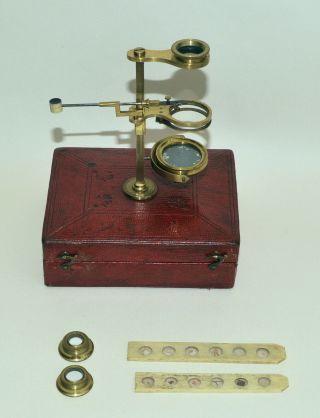 W.  & S.  Jones simple brass botanical microscope in case. 3
