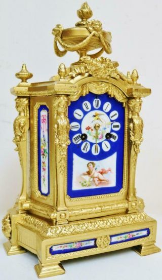 Antique 19thC French 8 Day Striking Gilt Metal & Sevres Porcelain Mantel Clock 2