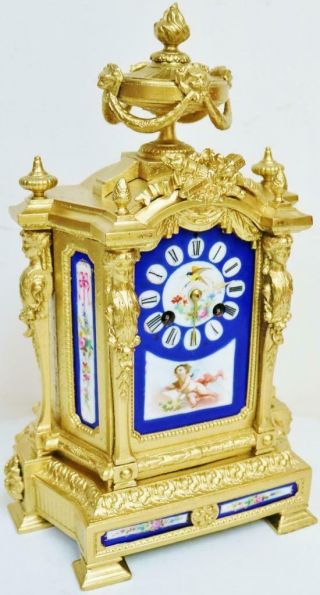 Antique 19thC French 8 Day Striking Gilt Metal & Sevres Porcelain Mantel Clock 8