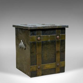 Antique Log Bin,  Edwardian,  Bound Metal,  Fireside Box,  Arts And Crafts,  C.  1910
