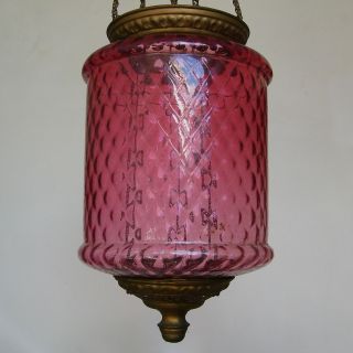 Antique C1900 Baccarat Cranberry Glass Oil Lantern Pendant Hanging Ceiling Light