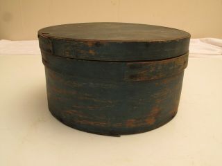 Antique Primitive Covered Round Pantry Box In Old Blue Milk Paint 1800 