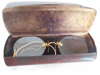 Antique Pince Nez Glasses,  Chain,  Ear Piece In 12k Gold Filled,  Case Plus 2 Extr