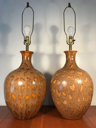 Large Mid Century Modern Ceramic Table Lamps Drip Glaze Brown