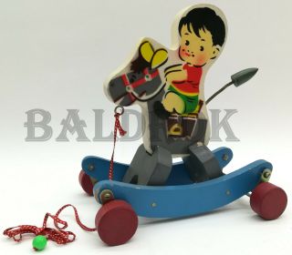Boy Riding Horse Wood Tin Toy Red China Vintage 60 70 Wp Wooden