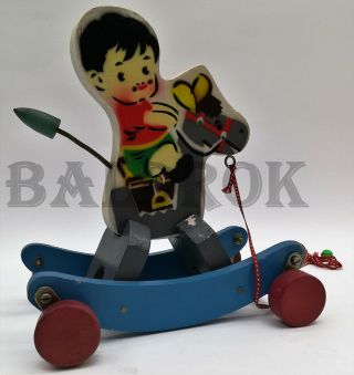 BOY RIDING HORSE WOOD TIN TOY RED CHINA VINTAGE 60 70 WP wooden 3