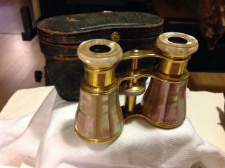 Vintage Opera Glasses In Leather Case Goldtone With Mother Of Pearl