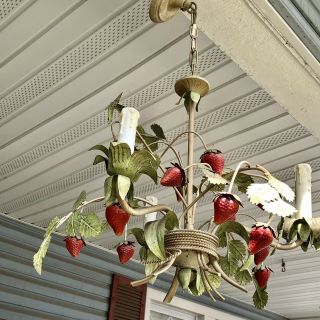 Vintage Italian Tole Painted Metal Strawberry 3 Light Hanging Chandelier