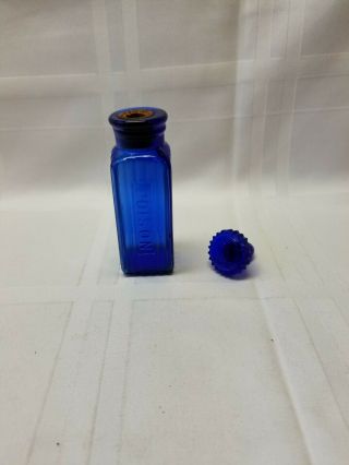 Antique Cobalt Blue Square Shaped Poison Ribbed Bottle With Glass Sawtooth.