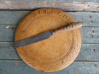 Antique Primitive 19thc Breadboard Wheat Pattern W/ Knife Edward Bassford Aafa