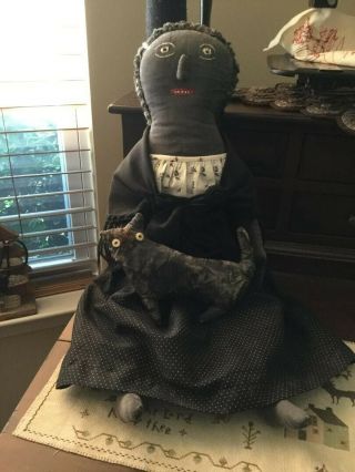 Early Primitive Handmade Folkart Black Cloth Rag Doll And Cat