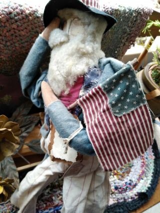 Primitive Grungy Uncle Sam Patriotic Americana Stuffed Doll Figure w Flag July 4 8