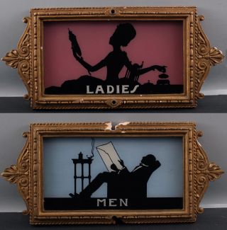 Antique 1920s Men & Ladies,  Reversed Painted Glass,  Silhouette Bathroom Signs Nr