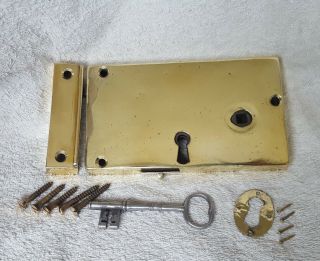 Georgian Brass Rim Lock,  Keep,  Key,  Escutcheon,  And Fixing Screws