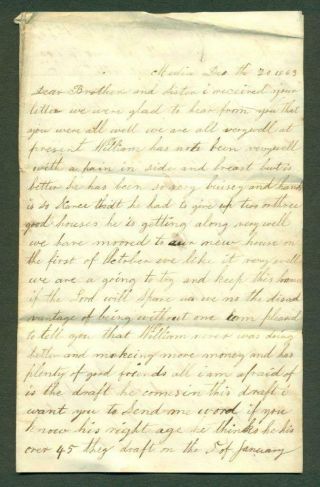1863 Media Pennsylvania Civil War Letter Re: Fear Of Draft,  Home Building,  Costs