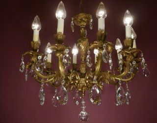 Bronze Brass French Crystal Chandelier Vintage Ceiling Lamp Lustre Old 10 Light