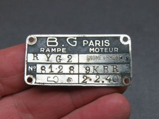 Vintage Ww1 B.  G.  Paris Gnome & Rhone Aircraft Engine Data Plate
