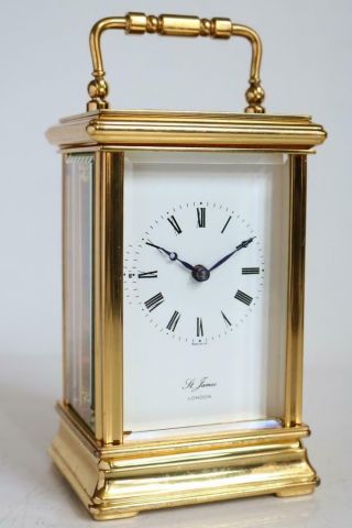 HEAVY BRITISH CARRIAGE CLOCK by ST JAMES,  LONDON gilt bronze SERVICED 5