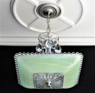 Antique Art Deco Jadeite Green Ceiling Light Chandelier Starburst Sq Glass Shade