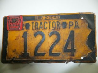 Wwii " 1942 Pennsylvania Tractor License Plate With Small Red (1943) Plate