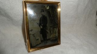 Civil War Ambrotype Union Officer Holding Sword Wearing Forage Cap 4 " X 3 "