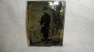 CIVIL WAR AMBROTYPE UNION OFFICER HOLDING SWORD WEARING FORAGE CAP 4 