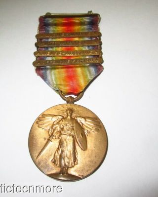 Us Wwi 4th Ivy Division Victory Medal W/ 4 Bars Aisne - Marne Argonne St Mihiel