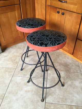 Atomic Age Mid Century Bar Stools,  Naugahyde And Iron 2