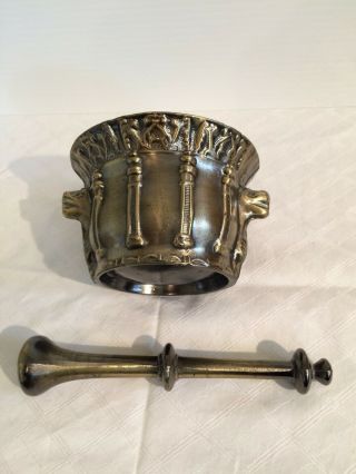 VINTAGE BRONZE MORTAR & PESTLE UNIQUE DESIGN W/SERPENT HEADS 2