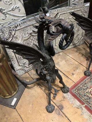 19 C Hand Wrought Iron Griffin Andirons