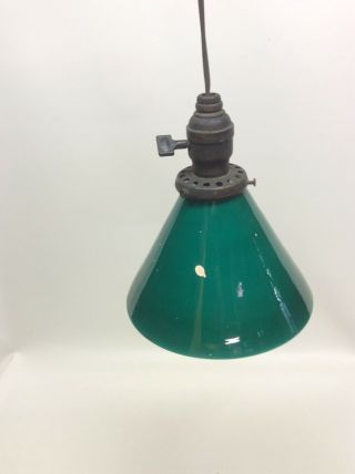 1910 Bank Office Electric Pendant Light W/ Emeralite Green Cased Glass Shade