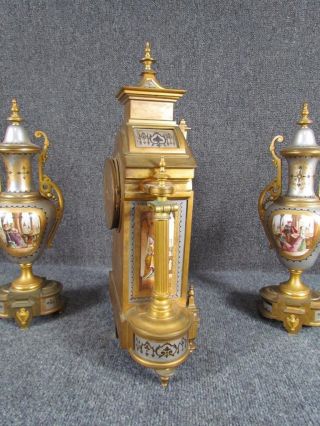 ANTIQUE 3pc FRENCH BRONZE & PORCELAIN SEVRES CLOCK SET 10