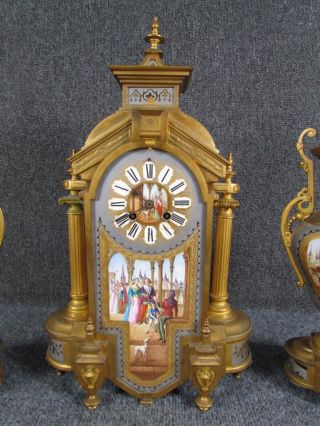 ANTIQUE 3pc FRENCH BRONZE & PORCELAIN SEVRES CLOCK SET 2