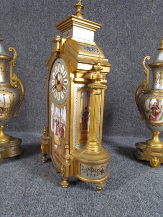 ANTIQUE 3pc FRENCH BRONZE & PORCELAIN SEVRES CLOCK SET 6