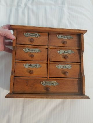 Vtg Six Drawer Wooden Spice Cabinet Apothecary Metal Tin Tags