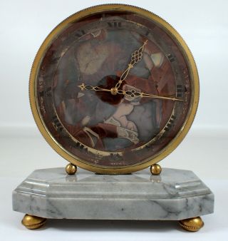 Antique Art Deco Gubelin Lucerne 8 Day Enamel Dial Swiss Clock On Marble Parts