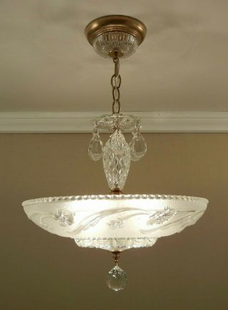Vintage Chandelier 1930s Frosted Glass Shade Solid Brass Ceiling Light Fixture