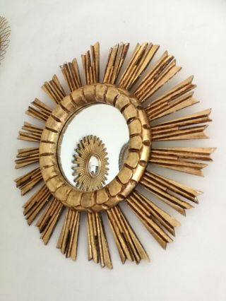Vintage Mid Century Italian Hand Carved Wooden Gold Gilded Sunburst Mirror