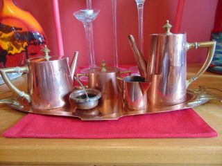 A Wonderful Carl Deffner Art Nouveau Copper And Brass Tea &coffee Set With Tray.