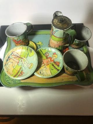 Vintage Tin Art Child’s Toy Kitchen Tin Metal Tea Set With Tray
