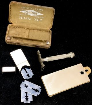 Vintage Ww1 Army Gillette Safety Razor Shaving Kit Khaki Set Mirror