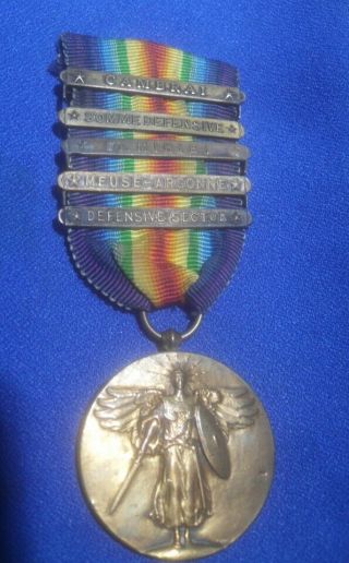 WW1 US Army 212th Engineer ' s Victory Medal with 5 Bars Cambrai,  Somme Defensive 3