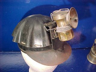 Early 20thc Coal Miners Hard Hat Turtle Top Safety Helmet W Buddy Carbide Lamp