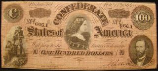 1864 Series Confederate States $100.  00 Note.  T - 65 Civil War.  Jeb Stuart History